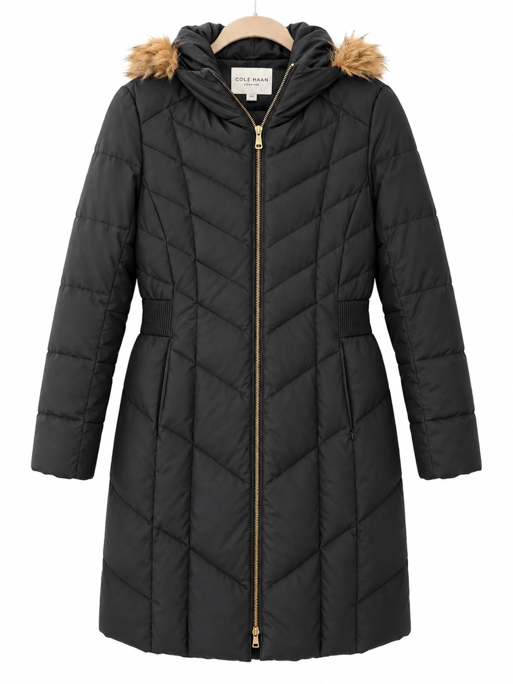 Cole Haan Women's Black Quilted Puffer Coat with Faux Fur Hood